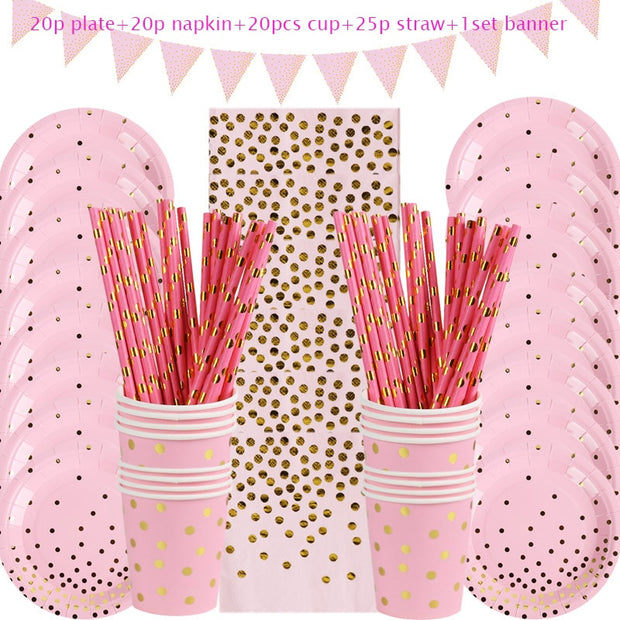 Rose Gold Birthday Decorations Disposable Tableware Set Paper Cup Adult Wedding Birthday Party Decorations Kids Babyshower Girl