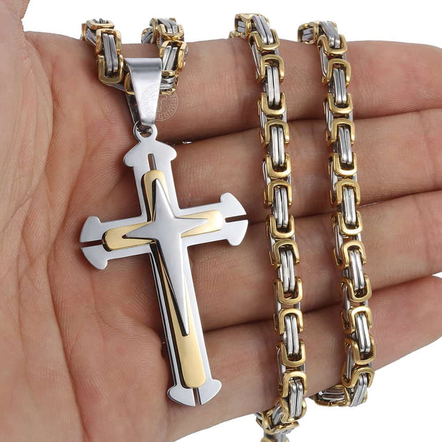 Men's Cross Necklace Gold Color Black Cross Pendant Stainless Steel Byzantine Chain Necklace Male Jewelry KP180