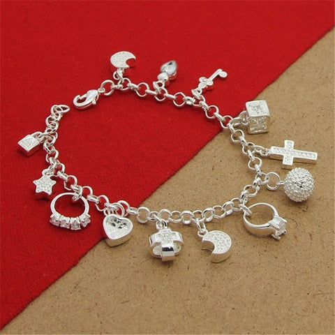 High Quality 925 Silver Colour Bracelet With Multiple Pendant Zircon Bracelets For Women'S Party Charm Jewelry Gift