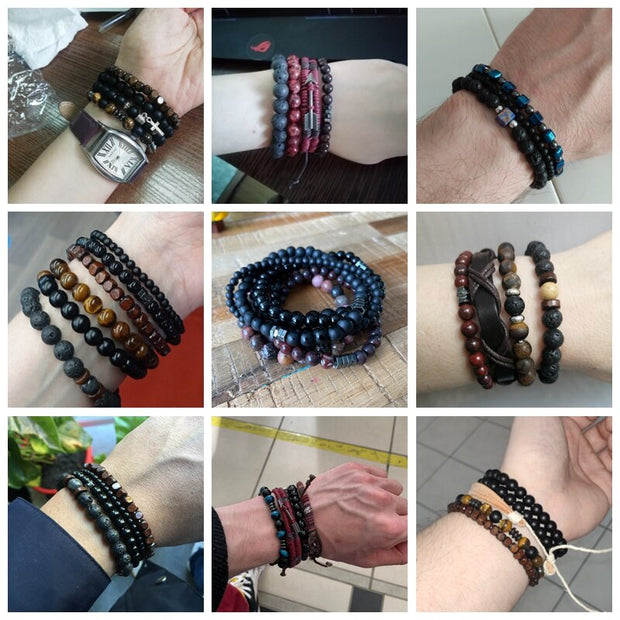 Men Bracelet Set Labradorite Hematite Bracelet Lava Tiger Eye Wrap Charm Bracelet Energy Protection Wristbands Pulsera Hombre