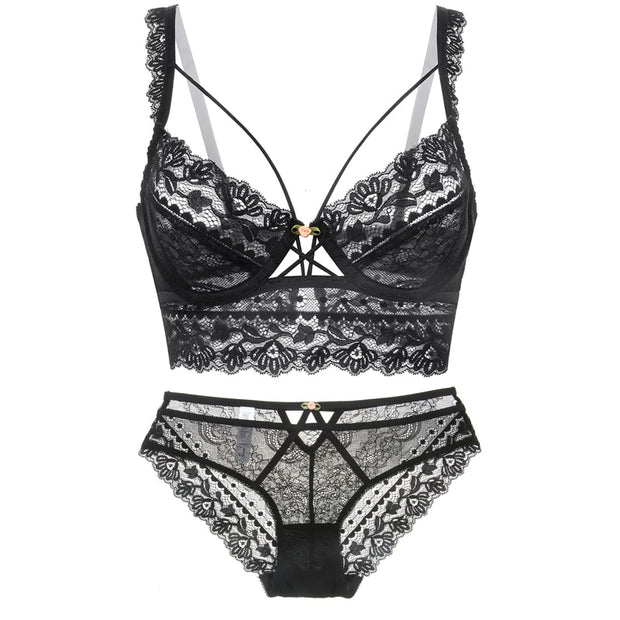 Nuevo conjunto de sujetador, lencería, sostén push-up, ropa interior de encaje, bragas sexis transparentes.