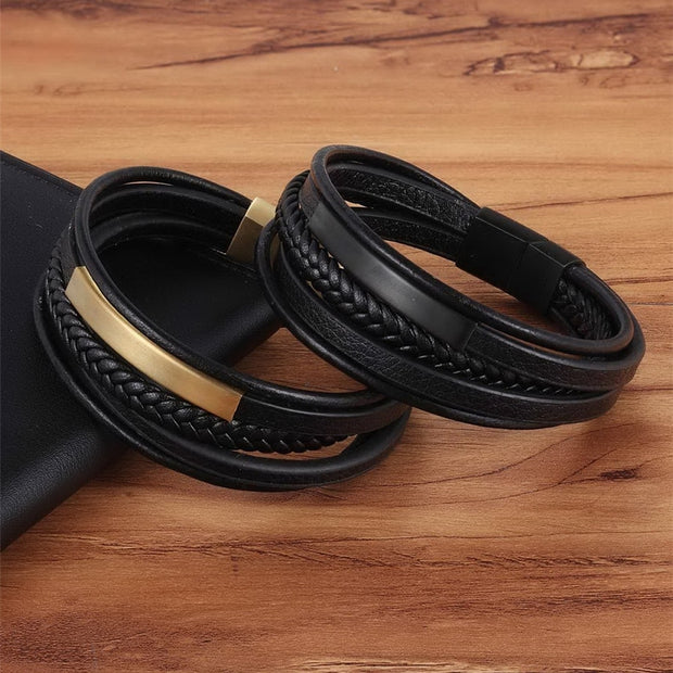 XQNI Multi-layer Hand-woven Steel Black Men Leather Stainless Steel Bracelet DIY Size Carve Logo For Surprise Birthday Gift