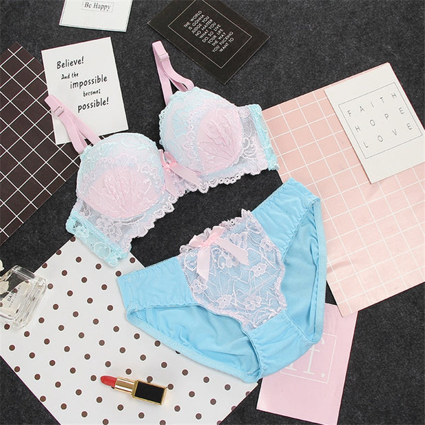 Conjunto de sujetador de encaje, lencería sexy, sujetador y bragas florales cómodos, aro push-up, correas ajustadas