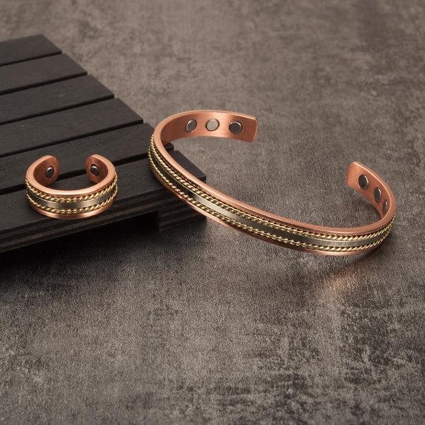 Jewelry-Set Magnetic Pure Copper Bracelet Ring Healing Energy Jewelry Set for Women Rose Gold High Magnet Adjustable Cuff Bangle