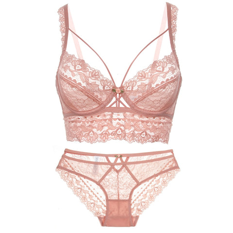 Nuevo conjunto de sujetador, lencería, sostén push-up, ropa interior de encaje, bragas sexis transparentes.