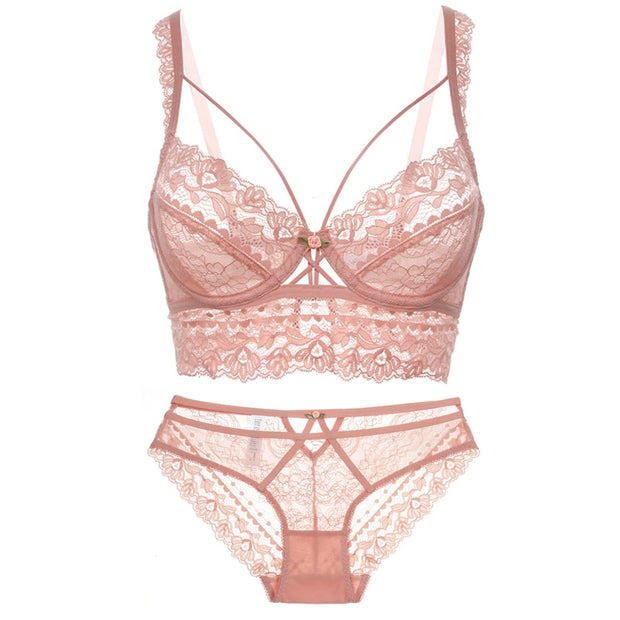 Nuevo conjunto de sujetador, lencería, sostén push-up, ropa interior de encaje, bragas sexis transparentes.
