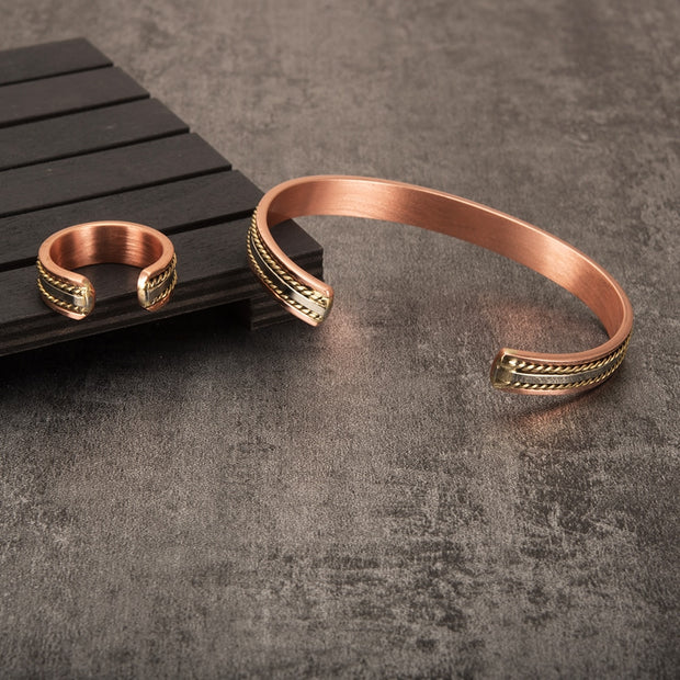 Jewelry-Set Magnetic Pure Copper Bracelet Ring Healing Energy Jewelry Set for Women Rose Gold High Magnet Adjustable Cuff Bangle