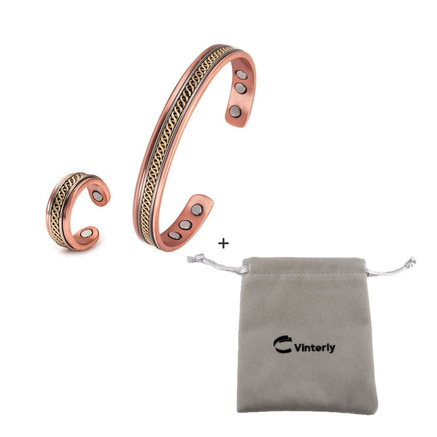 Jewelry-Set Magnetic Pure Copper Bracelet Ring Healing Energy Jewelry Set for Women Rose Gold High Magnet Adjustable Cuff Bangle