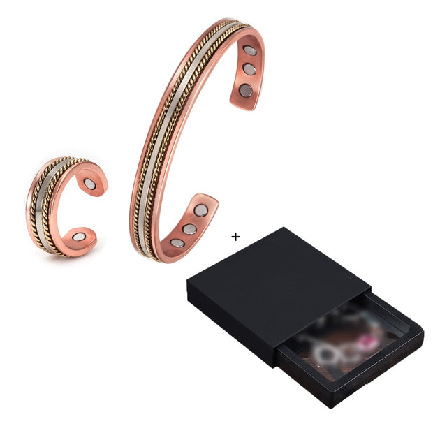 Jewelry-Set Magnetic Pure Copper Bracelet Ring Healing Energy Jewelry Set for Women Rose Gold High Magnet Adjustable Cuff Bangle