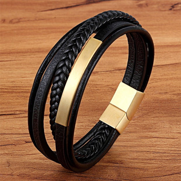 XQNI Multi-layer Hand-woven Steel Black Men Leather Stainless Steel Bracelet DIY Size Carve Logo For Surprise Birthday Gift