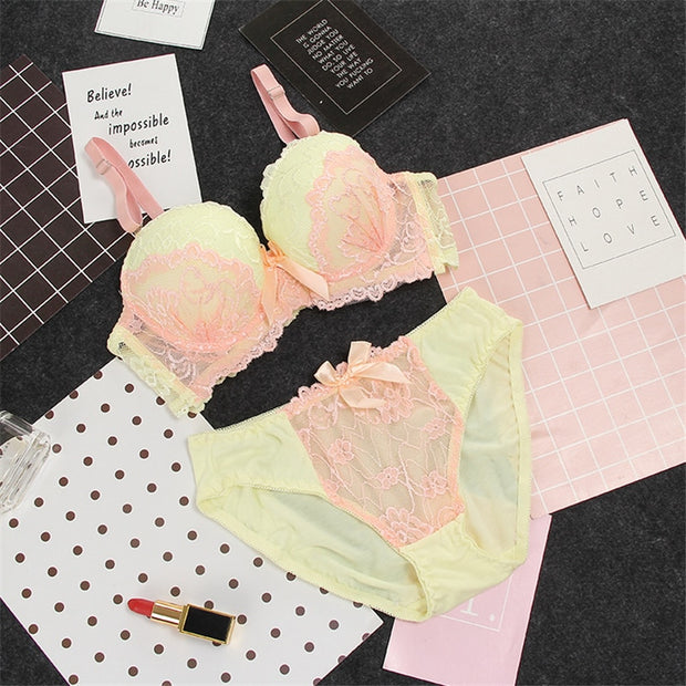 Conjunto de sujetador de encaje, lencería sexy, sujetador y bragas florales cómodos, aro push-up, correas ajustadas