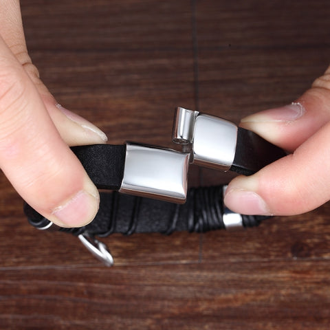 XQNI Multi-layer Hand-woven Steel Black Men Leather Stainless Steel Bracelet DIY Size Carve Logo For Surprise Birthday Gift