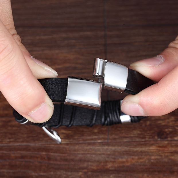 XQNI Multi-layer Hand-woven Steel Black Men Leather Stainless Steel Bracelet DIY Size Carve Logo For Surprise Birthday Gift