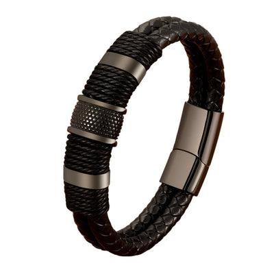 XQNI Woven Leather Rope Wrap Special Style Classic Stainless Steel Men's Leather Bracelet Double-layer Design DIY Customization