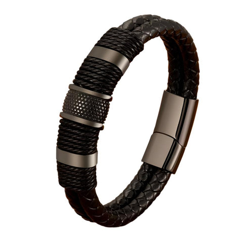 XQNI Woven Leather Rope Wrap Special Style Classic Stainless Steel Men's Leather Bracelet Double-layer Design DIY Customization