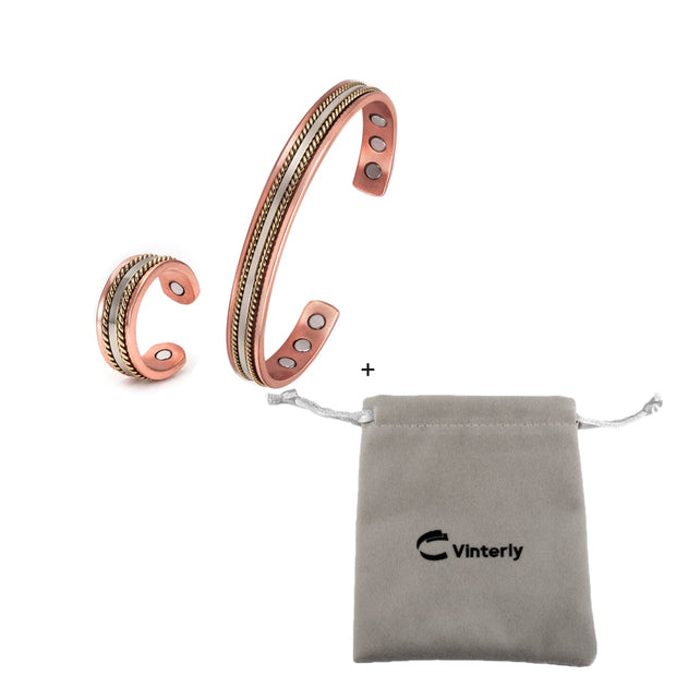 Jewelry-Set Magnetic Pure Copper Bracelet Ring Healing Energy Jewelry Set for Women Rose Gold High Magnet Adjustable Cuff Bangle