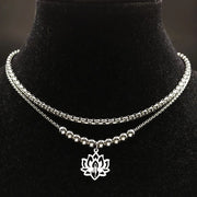 2023 Fashion Yoga Lotus Stainless Steel Statement Necklace for Women Silver Color Double Layer Necklace