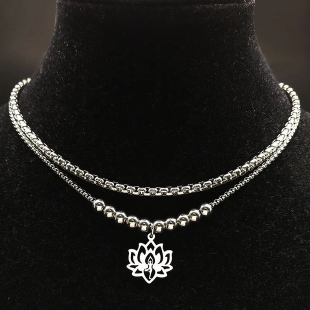 2023 Fashion Yoga Lotus Stainless Steel Statement Necklace for Women Silver Color Double Layer Necklace