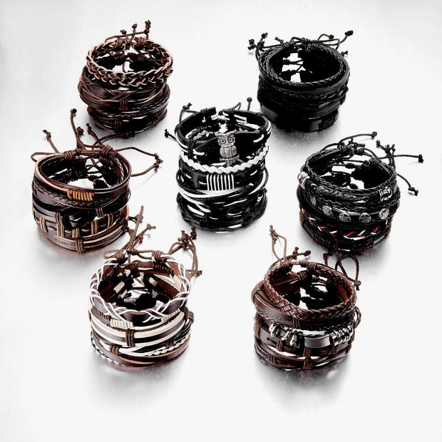 Men Leaf Leather Multilayer Bracelet Fashion Braided Handmade Star Knot Leaf Rope Wood Beads Wrap Bracelets & Bangles Male Gift