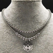2023 Fashion Yoga Lotus Stainless Steel Statement Necklace for Women Silver Color Double Layer Necklace