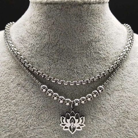 2023 Fashion Yoga Lotus Stainless Steel Statement Necklace for Women Silver Color Double Layer Necklace