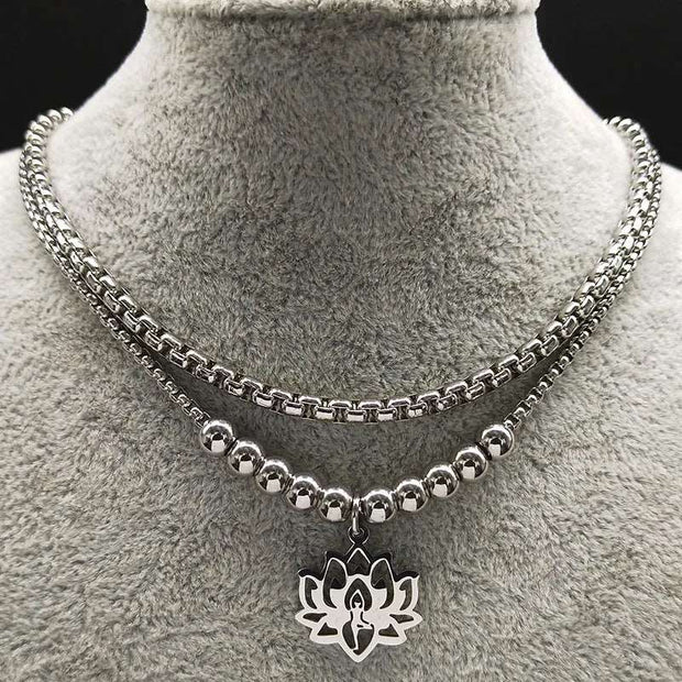 2023 Fashion Yoga Lotus Stainless Steel Statement Necklace for Women Silver Color Double Layer Necklace