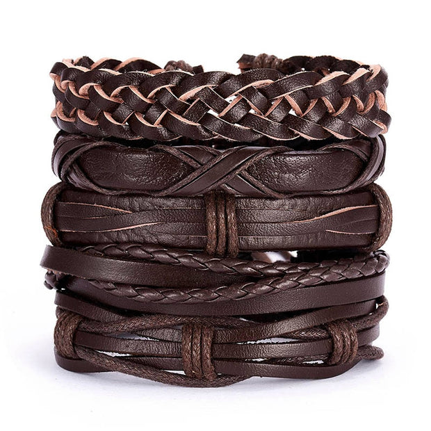 Men Leaf Leather Multilayer Bracelet Fashion Braided Handmade Star Knot Leaf Rope Wood Beads Wrap Bracelets & Bangles Male Gift
