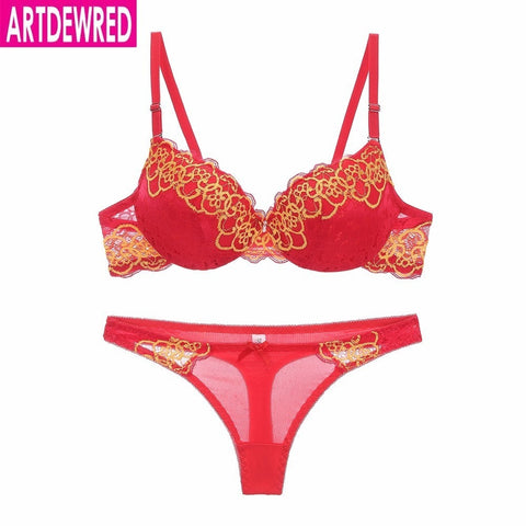 Conjunto de Sujetador de encaje de alta gama, ropa interior push-up, bragas finas y gruesas, lencería íntima de encaje hueco