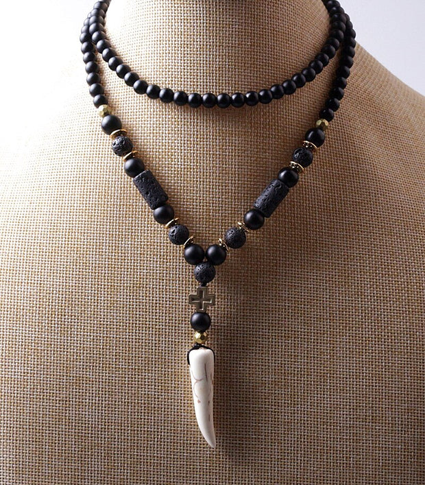 New Design Black BLava Stones Bead with Hematite cross charm pendant necklace Men's Bead Necklace