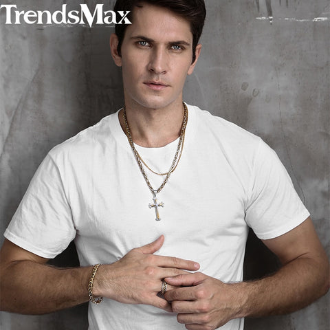 Men's Cross Necklace Gold Color Black Cross Pendant Stainless Steel Byzantine Chain Necklace Male Jewelry KP180