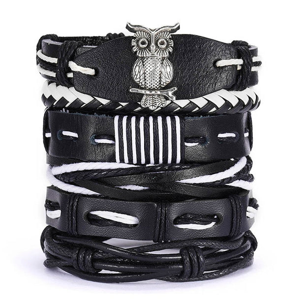 Men Leaf Leather Multilayer Bracelet Fashion Braided Handmade Star Knot Leaf Rope Wood Beads Wrap Bracelets & Bangles Male Gift