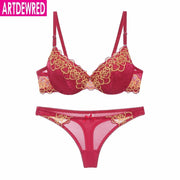 Conjunto de Sujetador de encaje de alta gama, ropa interior push-up, bragas finas y gruesas, lencería íntima de encaje hueco