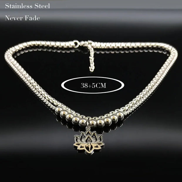 2023 Fashion Yoga Lotus Stainless Steel Statement Necklace for Women Silver Color Double Layer Necklace