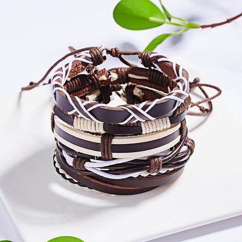 Men Leaf Leather Multilayer Bracelet Fashion Braided Handmade Star Knot Leaf Rope Wood Beads Wrap Bracelets & Bangles Male Gift