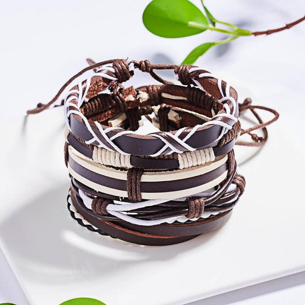 Men Leaf Leather Multilayer Bracelet Fashion Braided Handmade Star Knot Leaf Rope Wood Beads Wrap Bracelets & Bangles Male Gift
