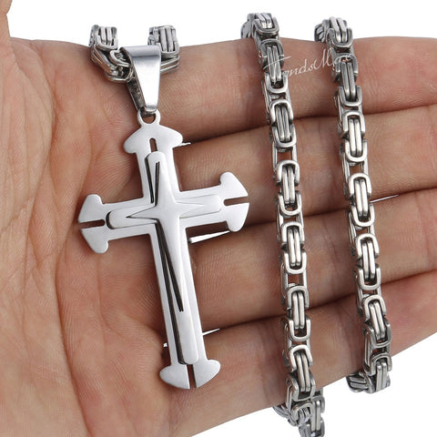 Men's Cross Necklace Gold Color Black Cross Pendant Stainless Steel Byzantine Chain Necklace Male Jewelry KP180