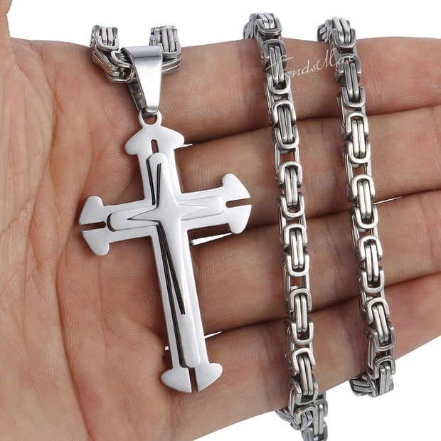 Men's Cross Necklace Gold Color Black Cross Pendant Stainless Steel Byzantine Chain Necklace Male Jewelry KP180