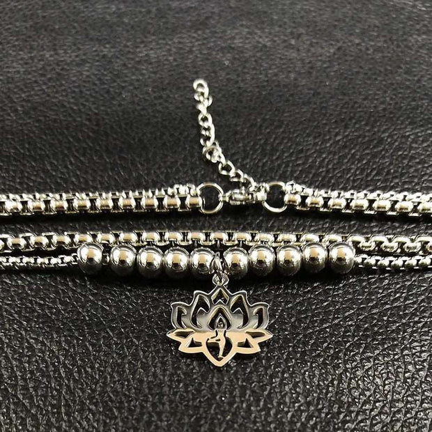 2023 Fashion Yoga Lotus Stainless Steel Statement Necklace for Women Silver Color Double Layer Necklace