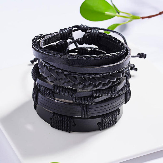 Men Leaf Leather Multilayer Bracelet Fashion Braided Handmade Star Knot Leaf Rope Wood Beads Wrap Bracelets & Bangles Male Gift