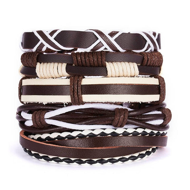 Men Leaf Leather Multilayer Bracelet Fashion Braided Handmade Star Knot Leaf Rope Wood Beads Wrap Bracelets & Bangles Male Gift