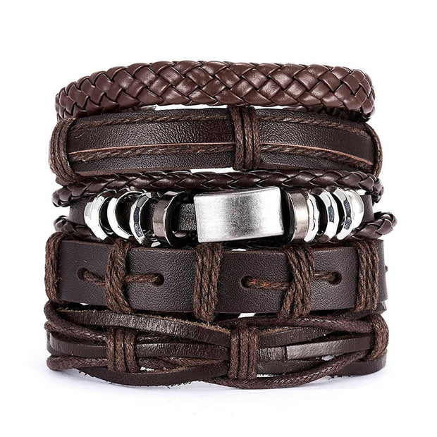 Men Leaf Leather Multilayer Bracelet Fashion Braided Handmade Star Knot Leaf Rope Wood Beads Wrap Bracelets & Bangles Male Gift