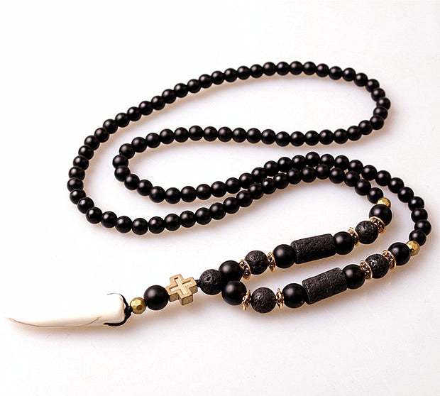New Design Black BLava Stones Bead with Hematite cross charm pendant necklace Men's Bead Necklace