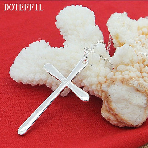DOTEFFIL 925 Sterling Silver Long Cross Pendant Necklace 18 Inch Chain For Woman Fashion Wedding Engagement Charm Jewelry