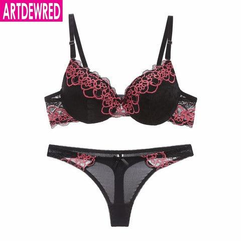 Conjunto de Sujetador de encaje de alta gama, ropa interior push-up, bragas finas y gruesas, lencería íntima de encaje hueco