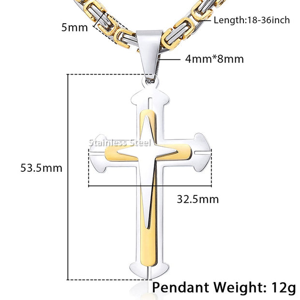 Men's Cross Necklace Gold Color Black Cross Pendant Stainless Steel Byzantine Chain Necklace Male Jewelry KP180