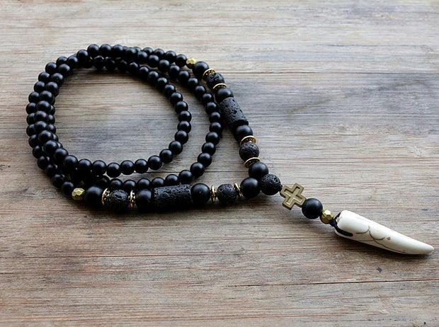 New Design Black BLava Stones Bead with Hematite cross charm pendant necklace Men's Bead Necklace