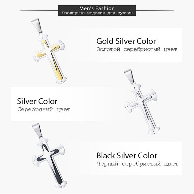 Men's Cross Necklace Gold Color Black Cross Pendant Stainless Steel Byzantine Chain Necklace Male Jewelry KP180