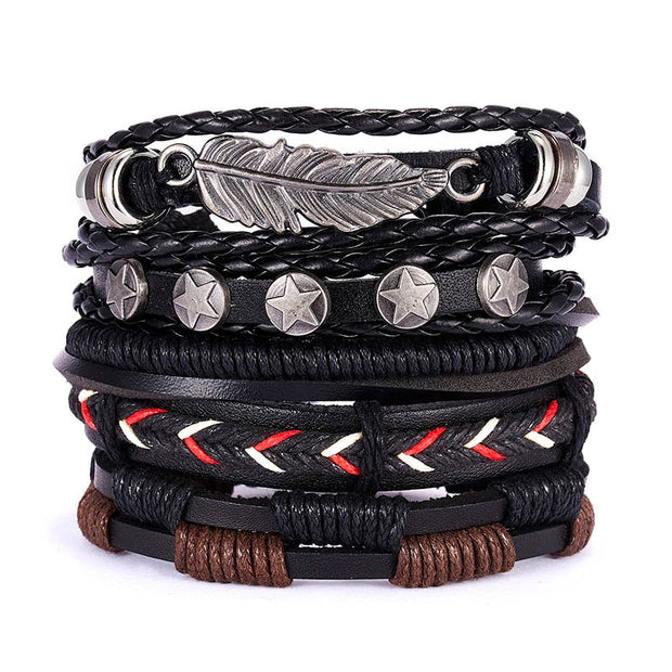 Men Leaf Leather Multilayer Bracelet Fashion Braided Handmade Star Knot Leaf Rope Wood Beads Wrap Bracelets & Bangles Male Gift