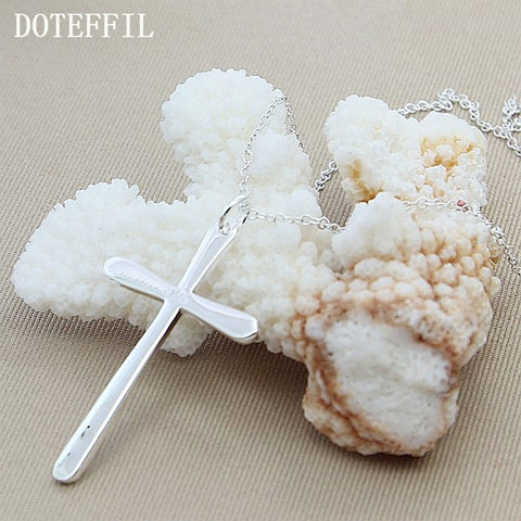 DOTEFFIL 925 Sterling Silver Long Cross Pendant Necklace 18 Inch Chain For Woman Fashion Wedding Engagement Charm Jewelry