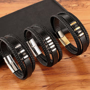 XQNI 3 Layers Black Punk Style Design Leather Bracelet for Men Stainless Steel Magnetic Button Birthday Gift Male Bracelets